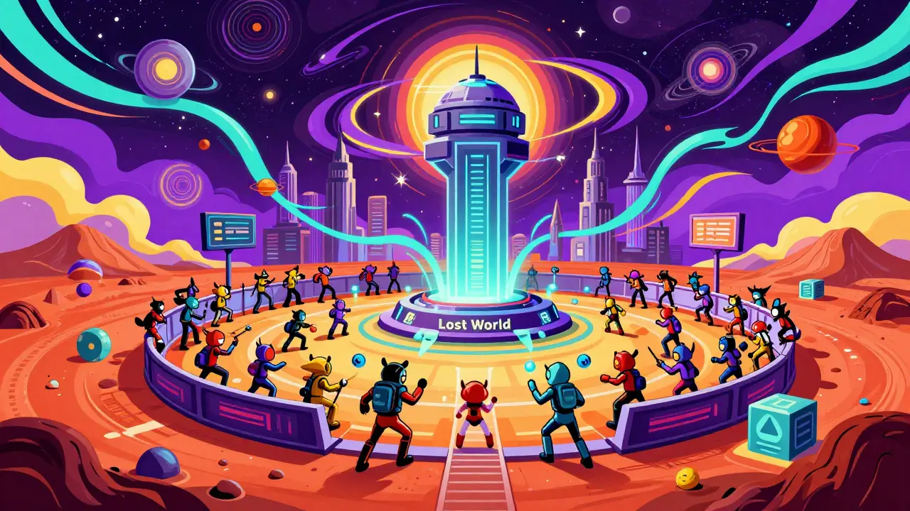 Psychedelic view of USM metaverse with Metamon battles and blockchain tech