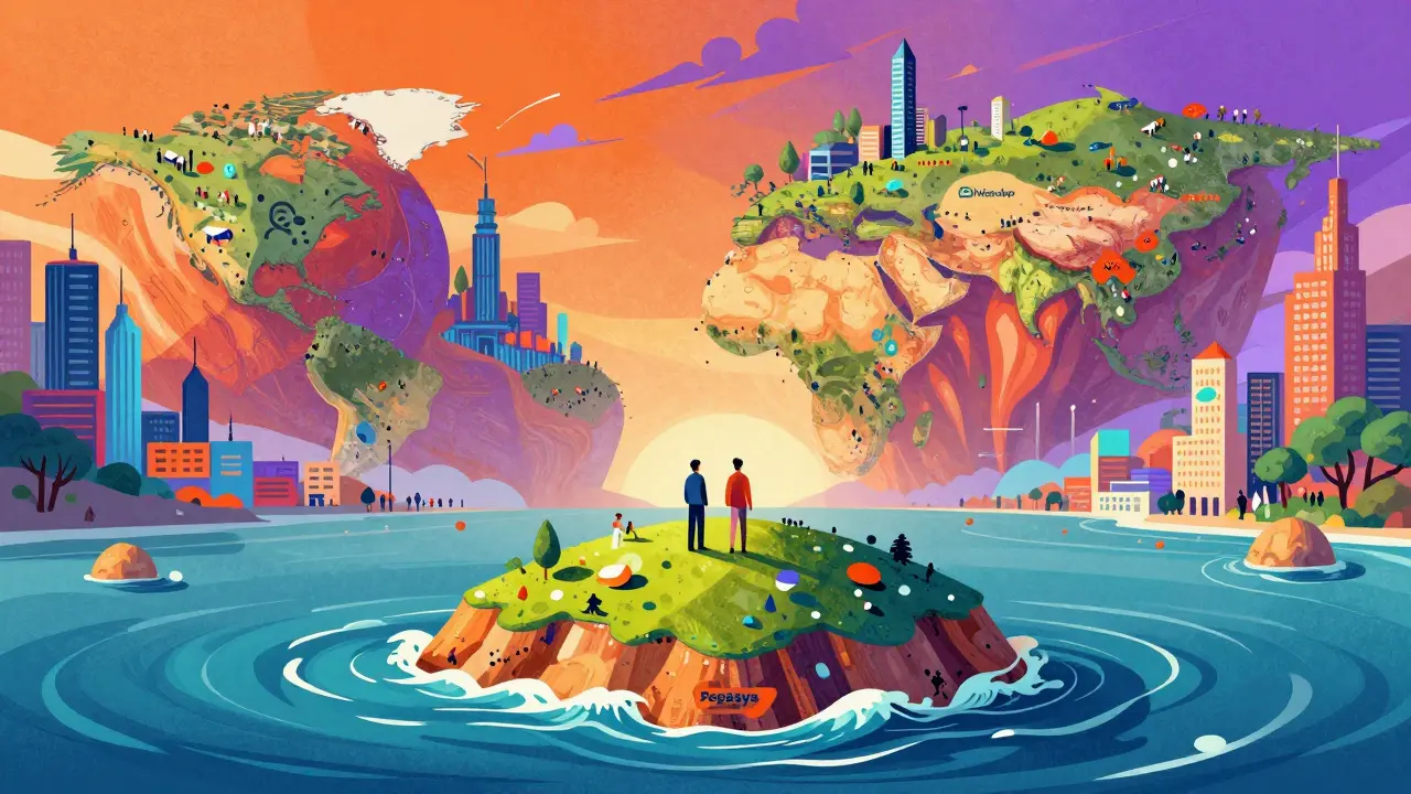 Small island vs giant continents illustrating Pegasys' low liquidity compared to major DEXs.