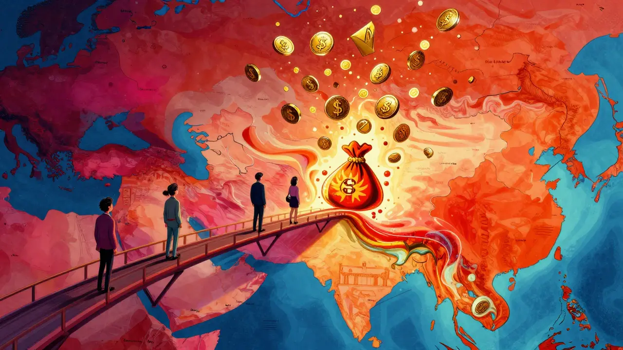 Stylized map showing Kyrgyzstan as a colorful bridge for digital currency flows.
