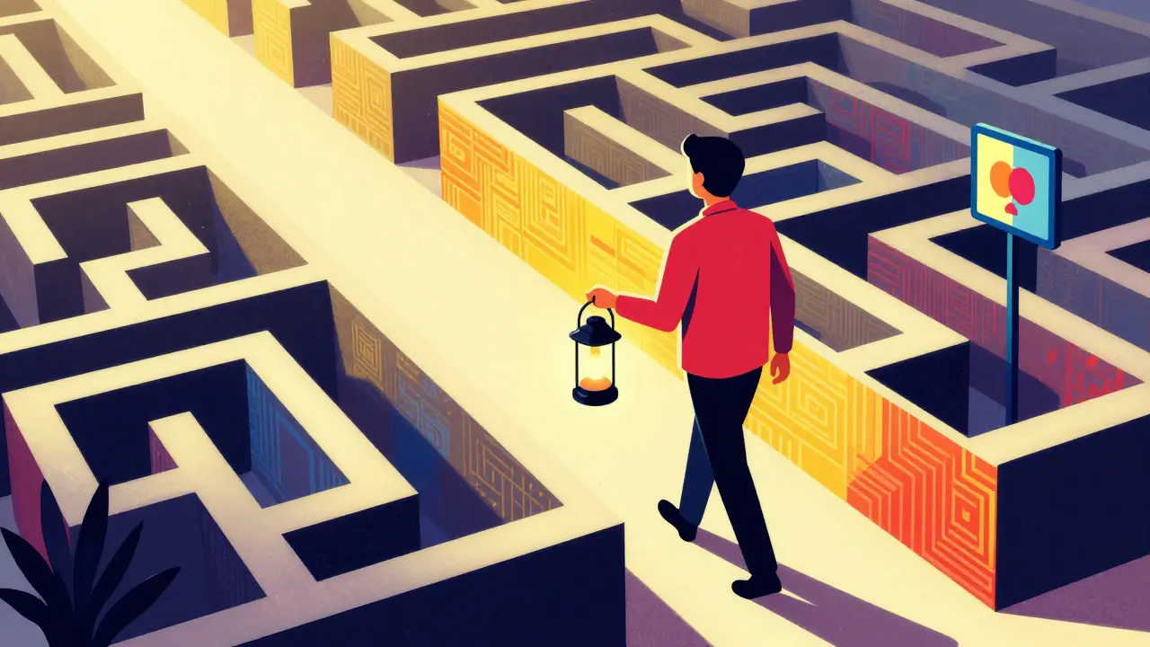 Stylized trader navigating a risky digital maze representing unverified smart contracts.