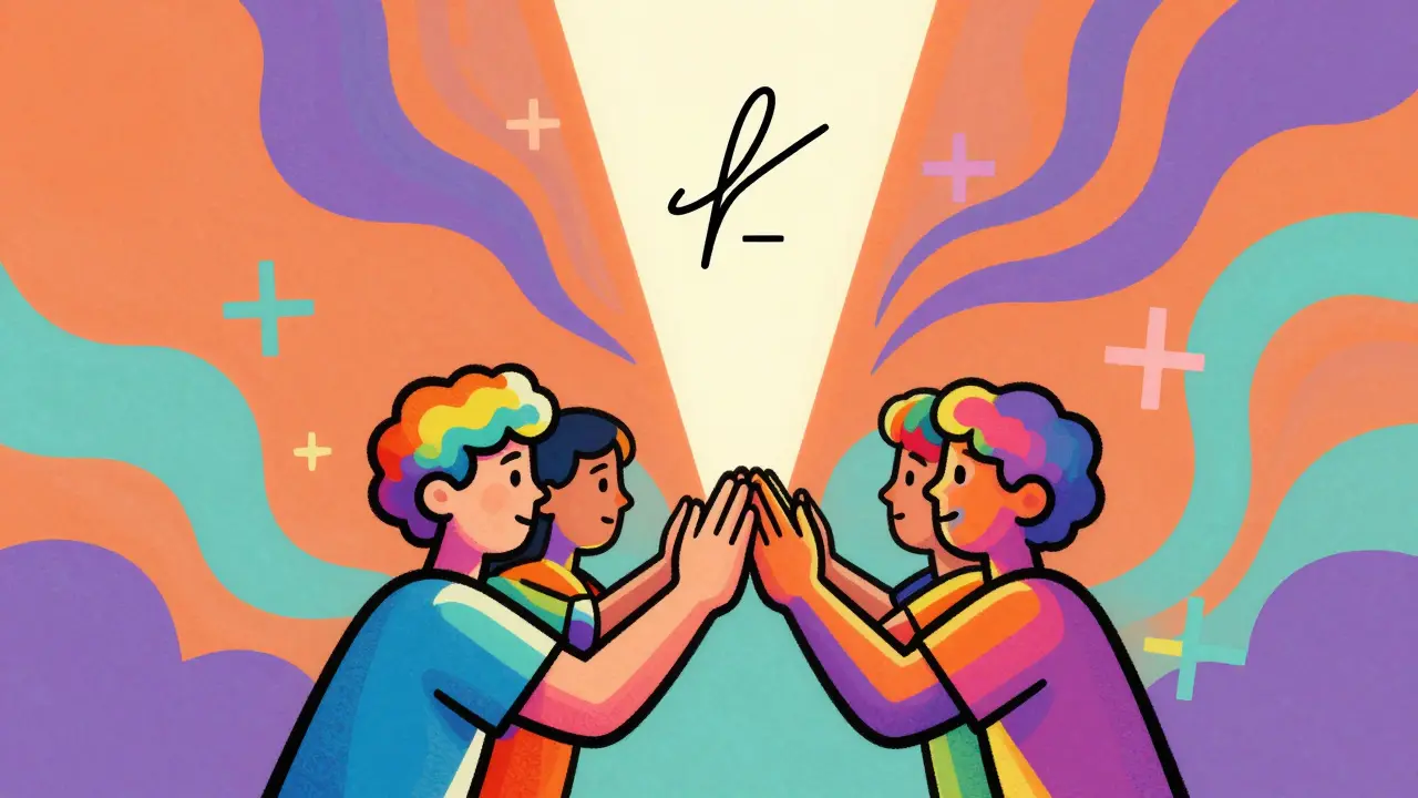 Three figures merging hands to create a single beam of light, symbolizing key aggregation.