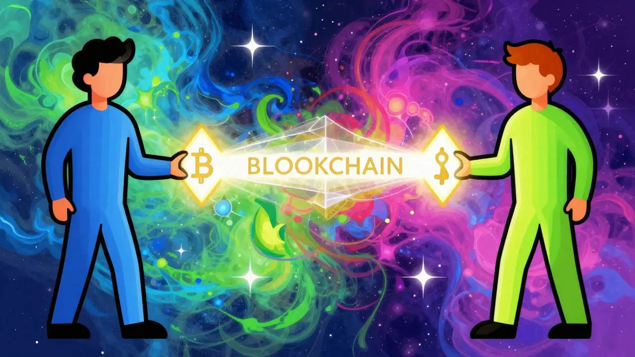 Two people exchanging crypto directly via a glowing light beam