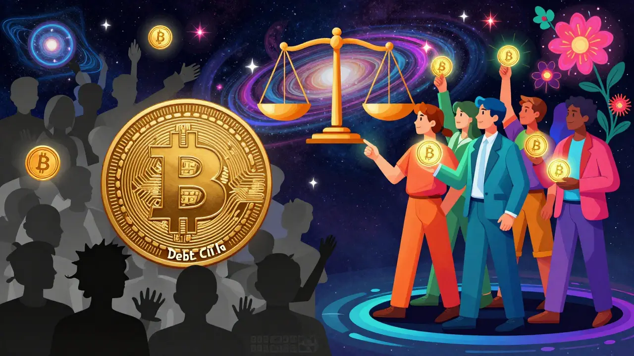 Vibrant art showing ethical crypto community vs speculation