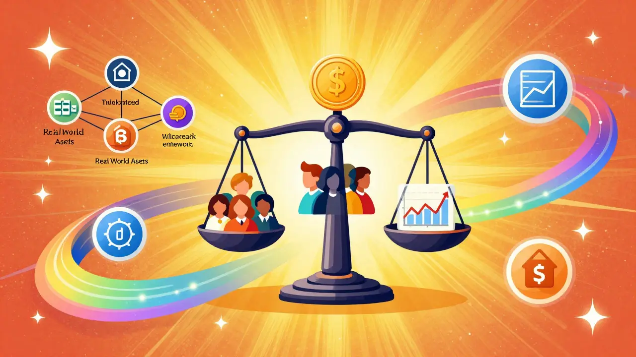 Vibrant artwork balancing revenue, users, and assets to show true DeFi protocol health.