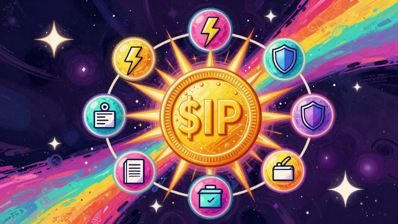 Vibrant cosmic scene showing a central token orbited by utility icons in a starry void.