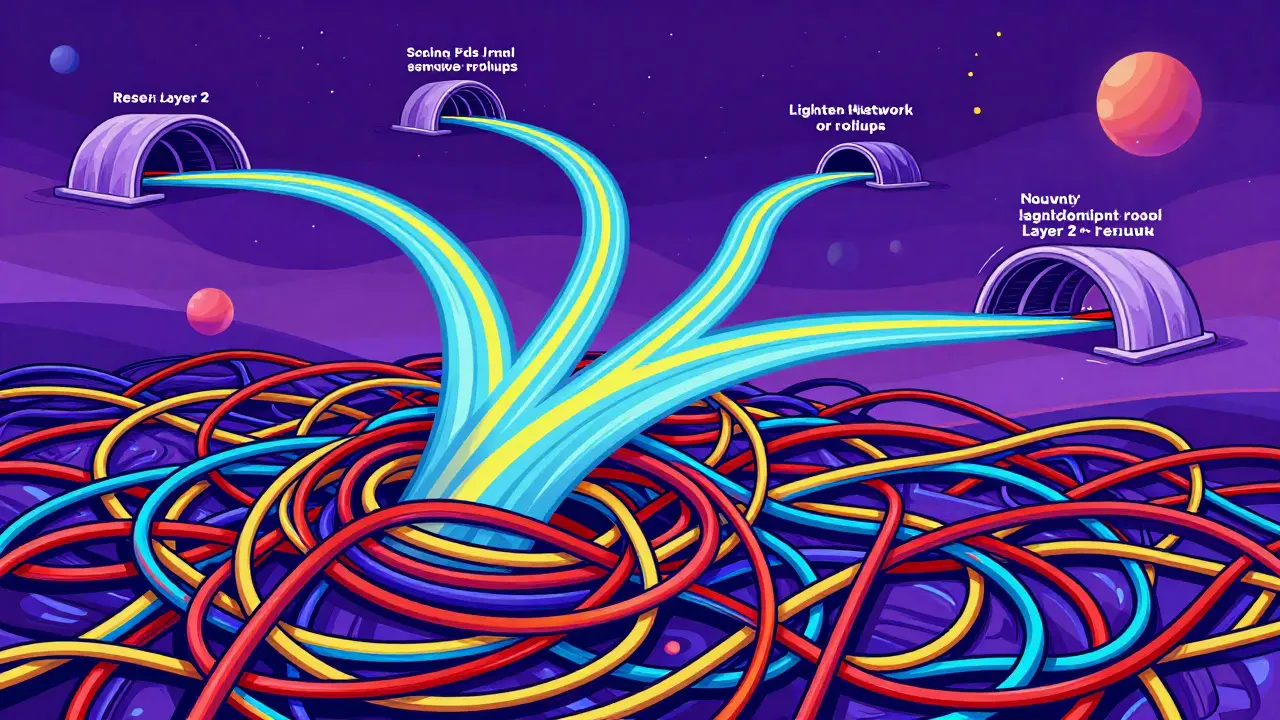 Vibrant illustration of tangled transactions resolving into smooth Layer 2 scaling streams