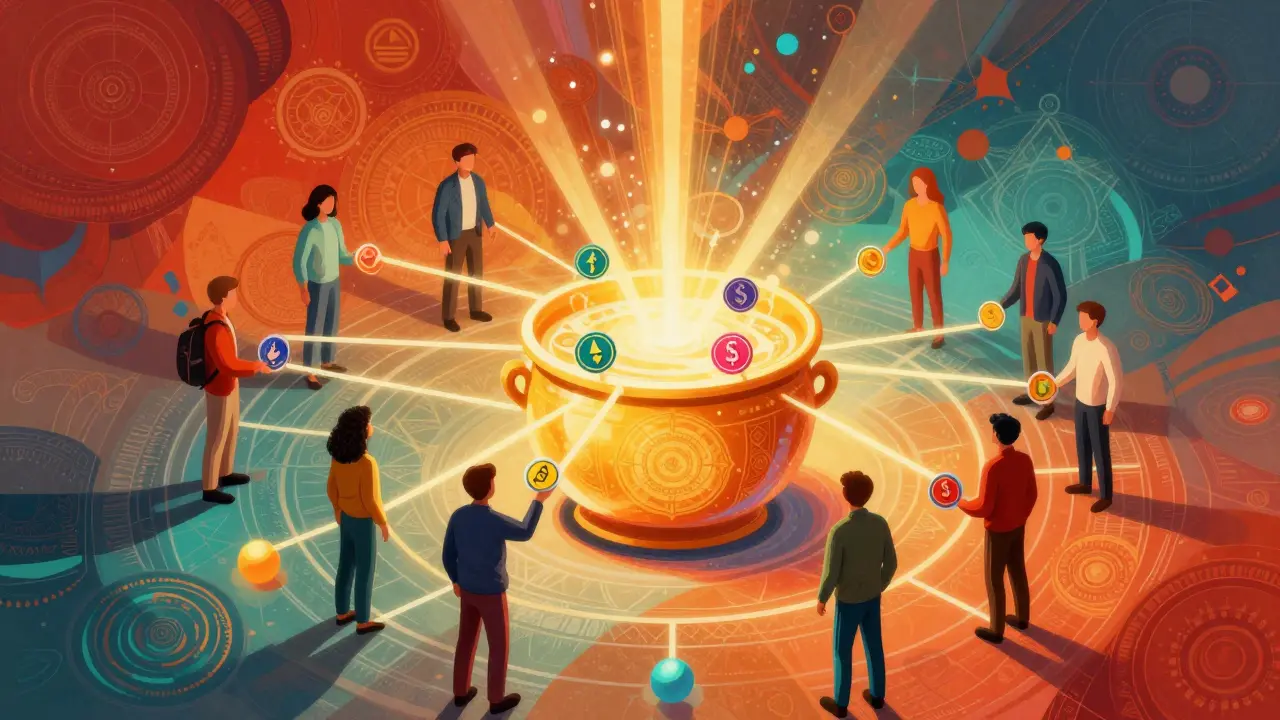 Vibrant illustration of users contributing tokens to a decentralized liquidity pool.