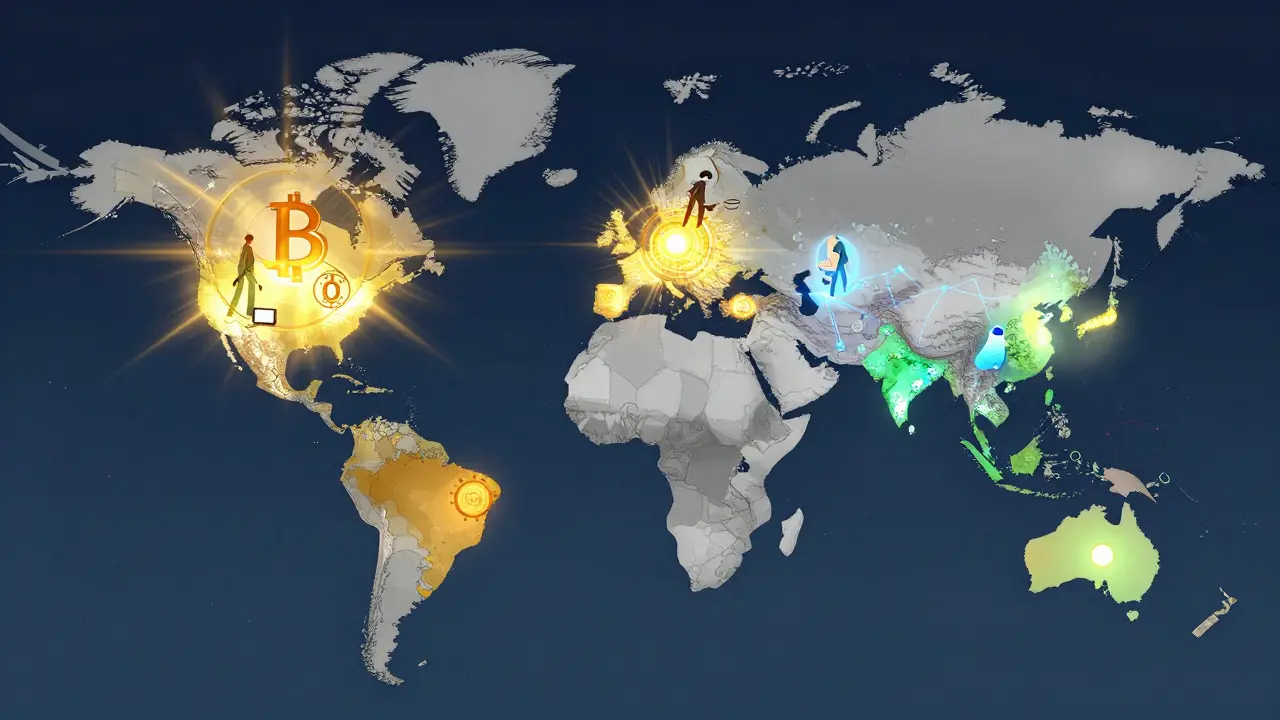 Vibrant map highlighting crypto-friendly countries like Dubai and Malta in bright colors