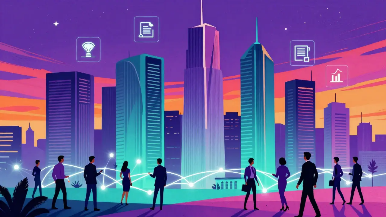 Vibrant Peter Max style cityscape with digital networks symbolizing banking and talent in crypto hubs.