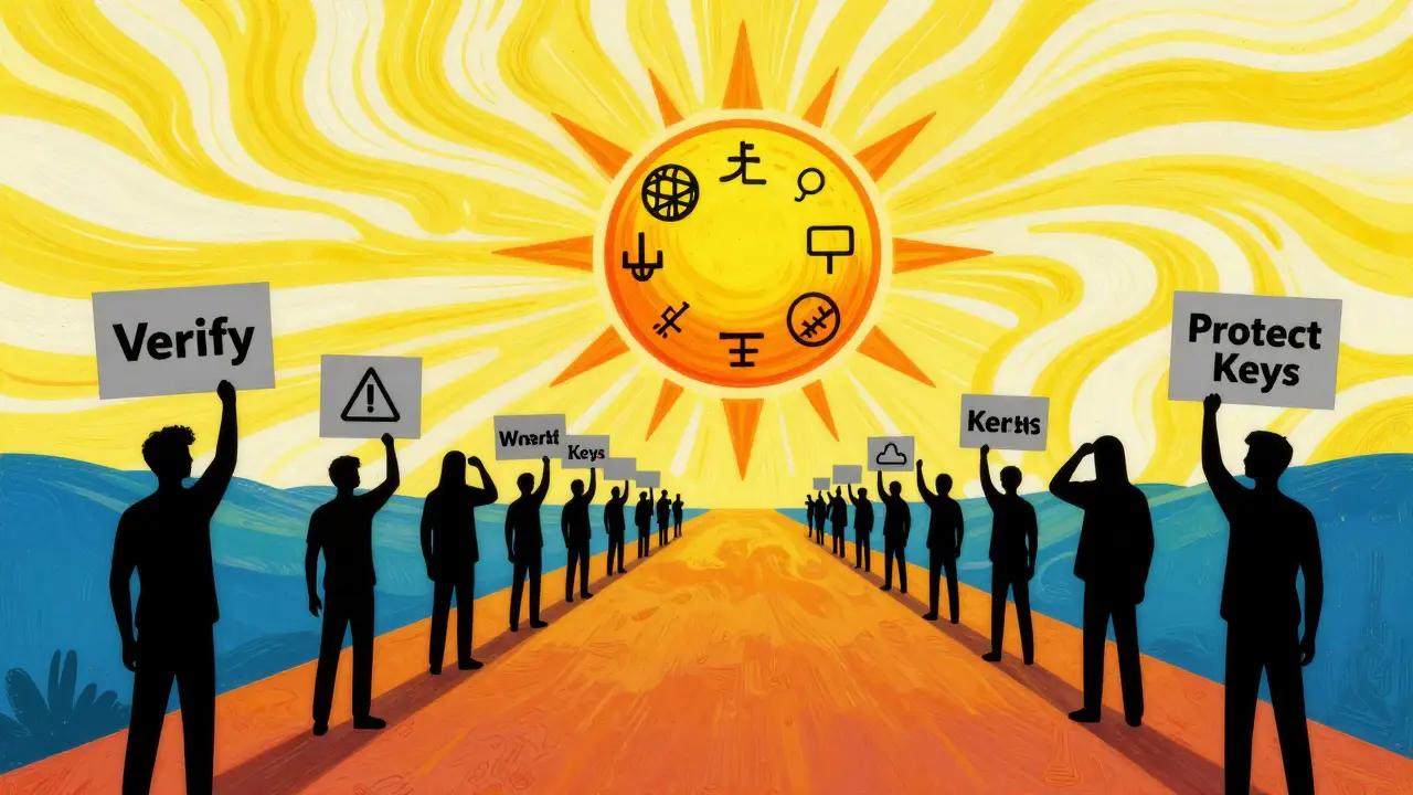 Vibrant scene of people walking towards safety and education, leaving scams behind.