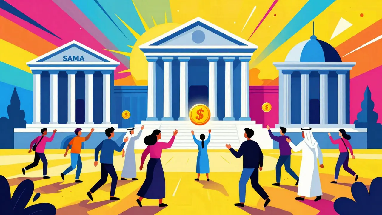 Young Saudis interacting with digital assets near regulatory structures in vibrant pop art style