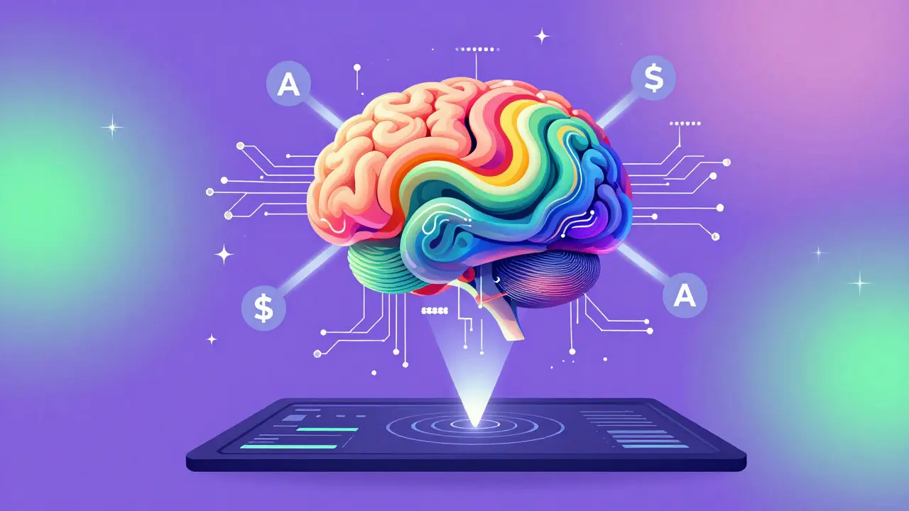 Abstract AI brain with rainbow swirls analyzing financial markets