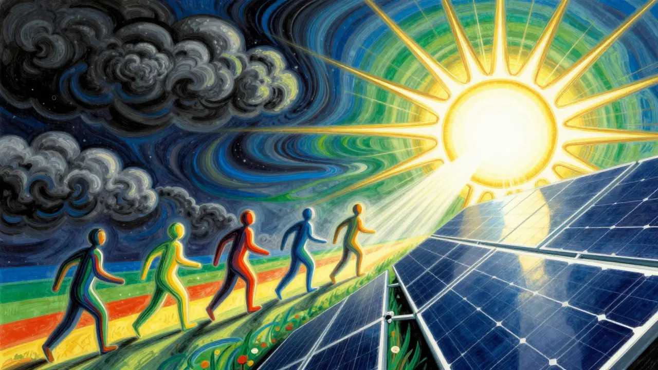 Abstract art showing developers fleeing toward solar energy