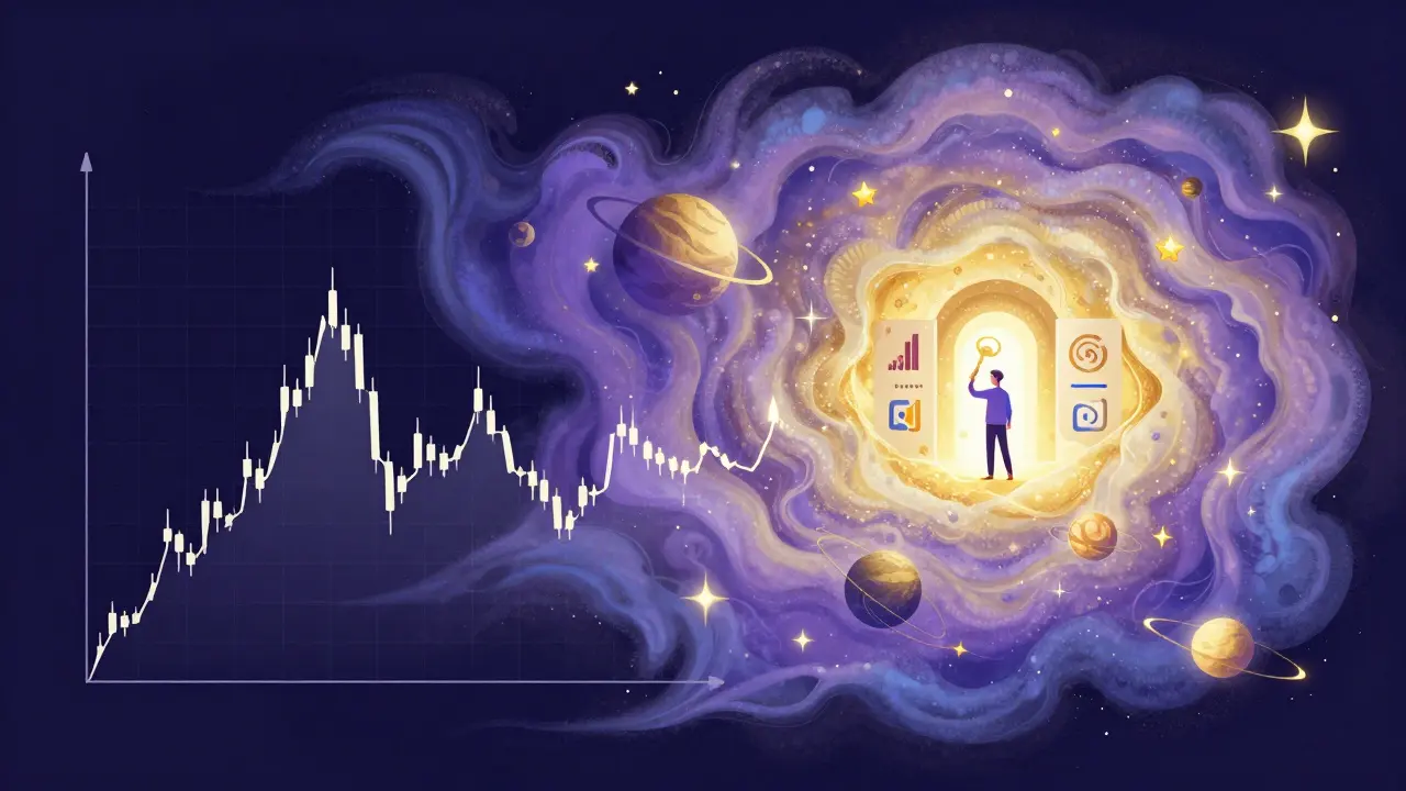 Abstract nebula transforming from financial charts to stars, symbolizing the rebrand to Dypius.