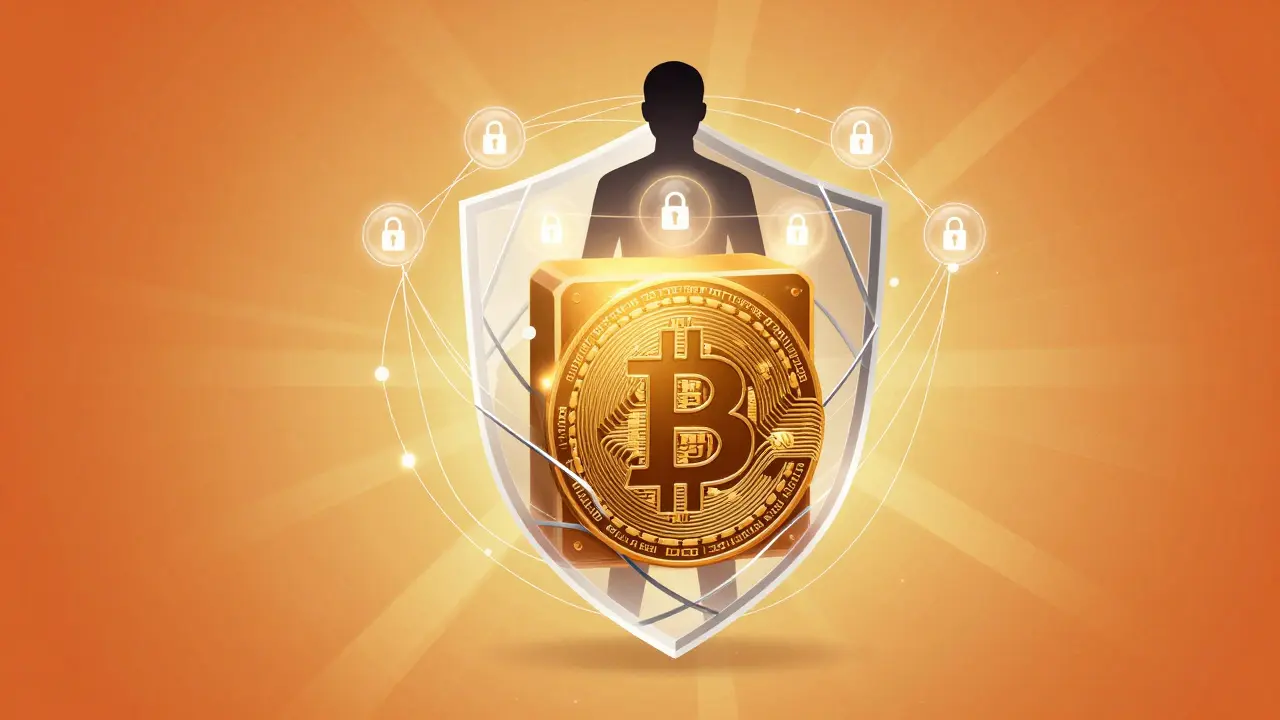 Abstract shield protecting a user over a Bitcoin block, symbolizing secure identity.