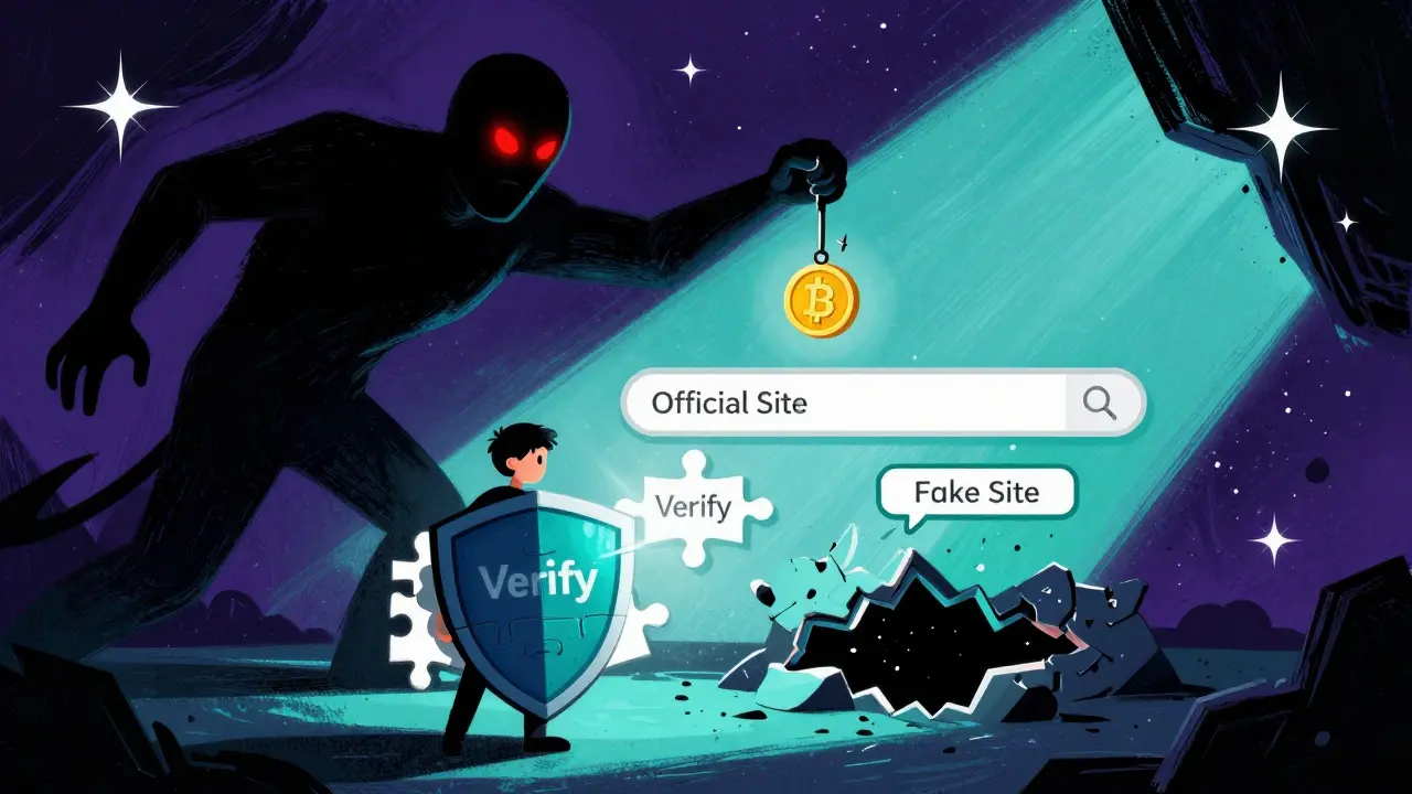 Cartoon illustration of a user shielding themselves from a phishing scam hook in vibrant retro style.