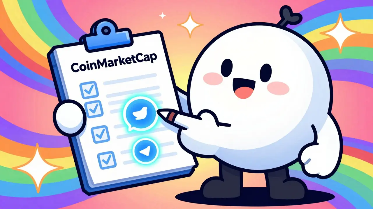 Cartoon showing CoinMarketCap giveaway steps in Peter Max style