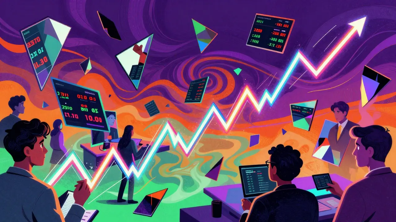 Chaotic neon graph and mirrors illustrating crypto volatility in Peter Max style