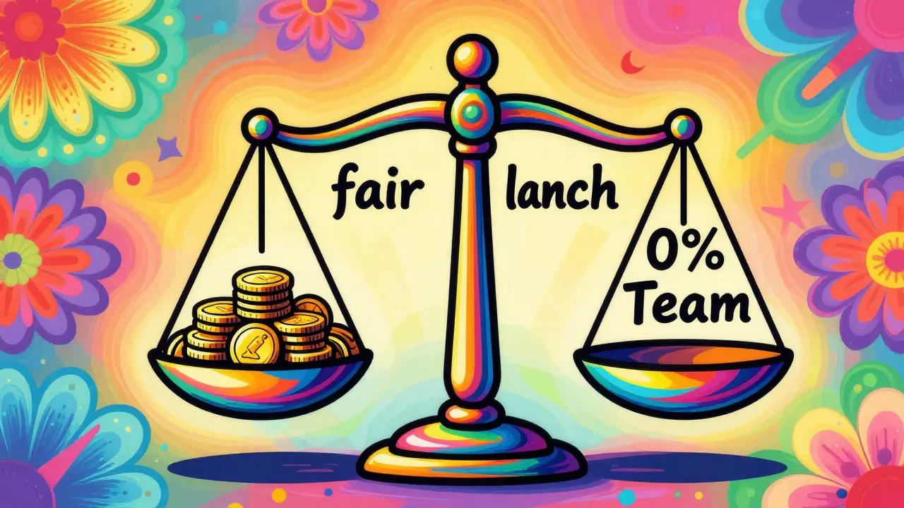 Colorful abstract scale representing fair launch tokenomics in Peter Max art style
