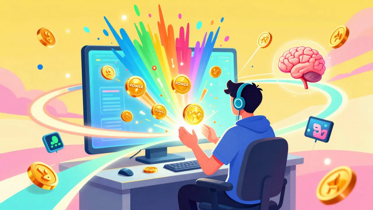 Colorful art of a gamer connected to AI networks and floating power tokens.