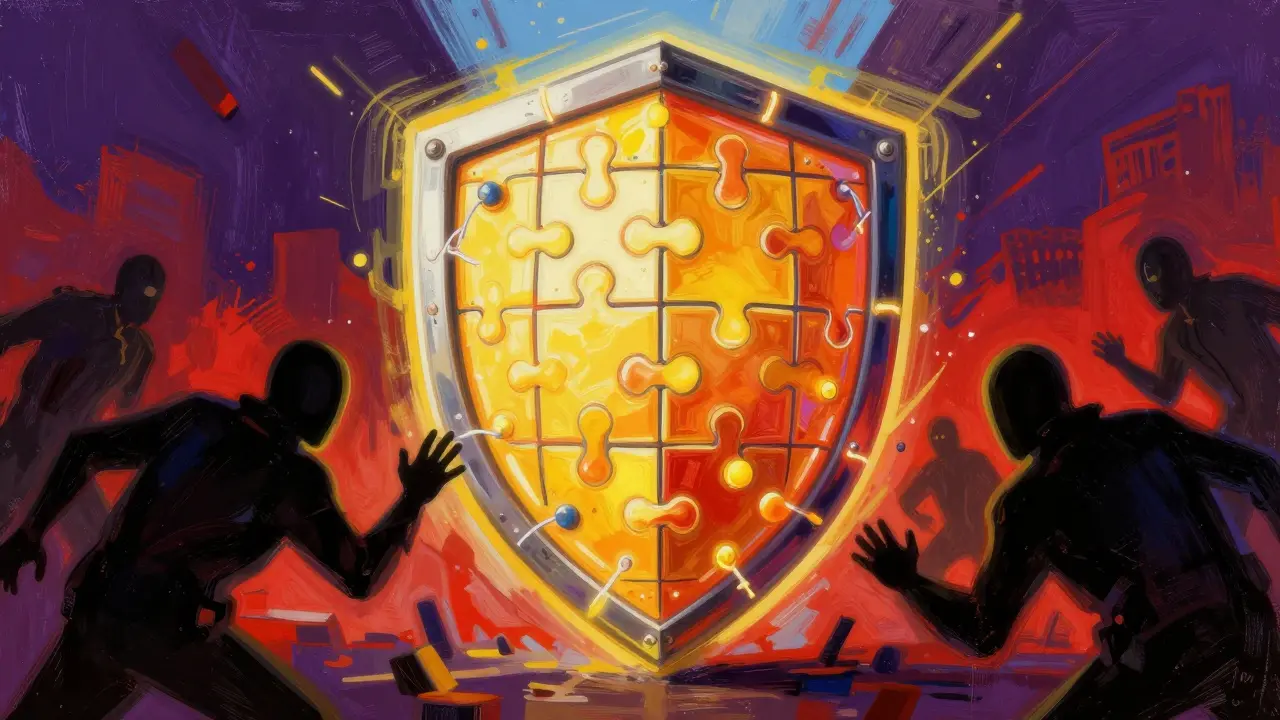Colorful artistic depiction of a security shield protecting against crypto scams