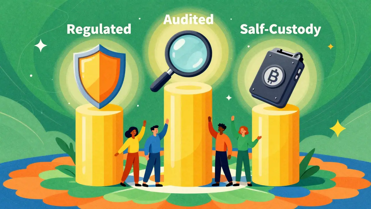 Colorful cartoon depicting safe, regulated crypto trading platforms
