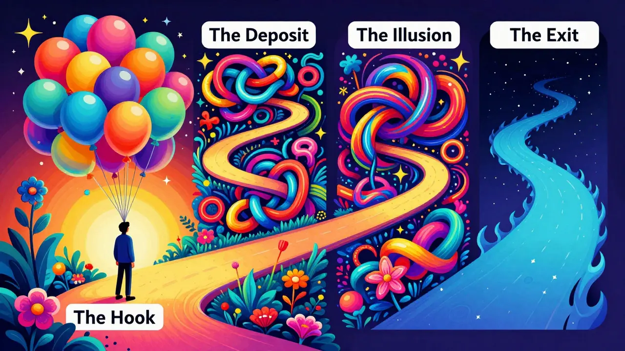 Colorful cartoon depiction of the steps involved in a cryptocurrency scam scheme.