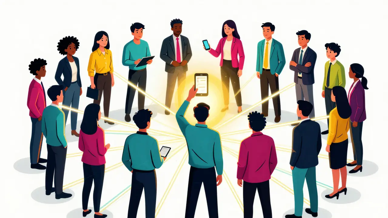 Colorful cartoon illustration of users connected via social copy trading