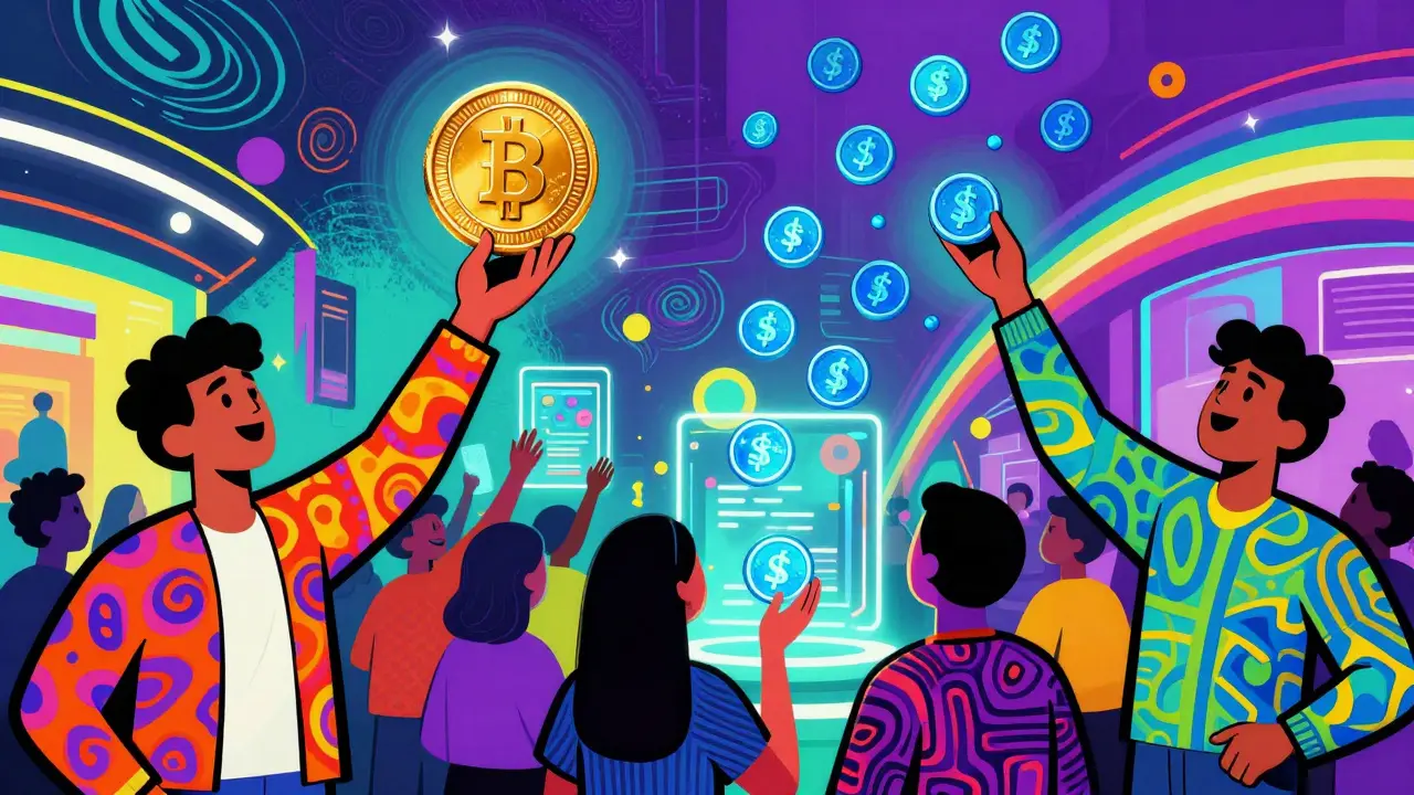 Colorful cartoon of people holding rare coins versus spending abundant digital tokens