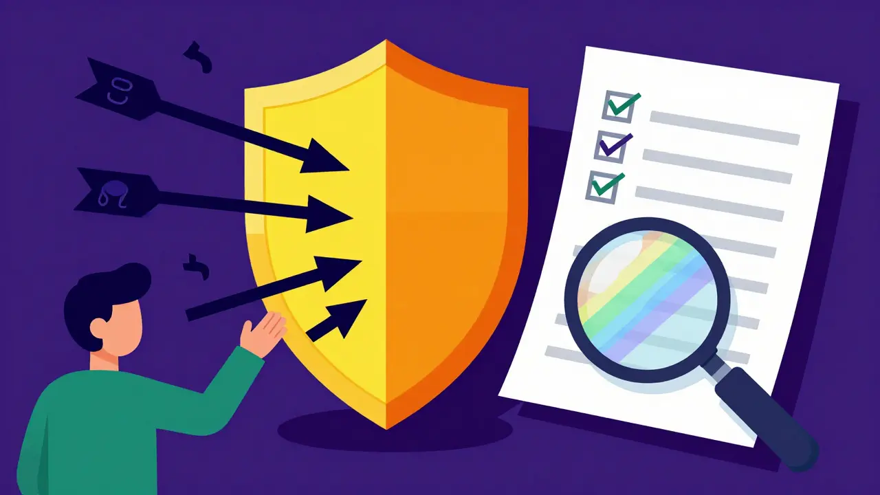 Colorful illustration of a shield blocking threats while a magnifying glass checks documents for crypto safety.
