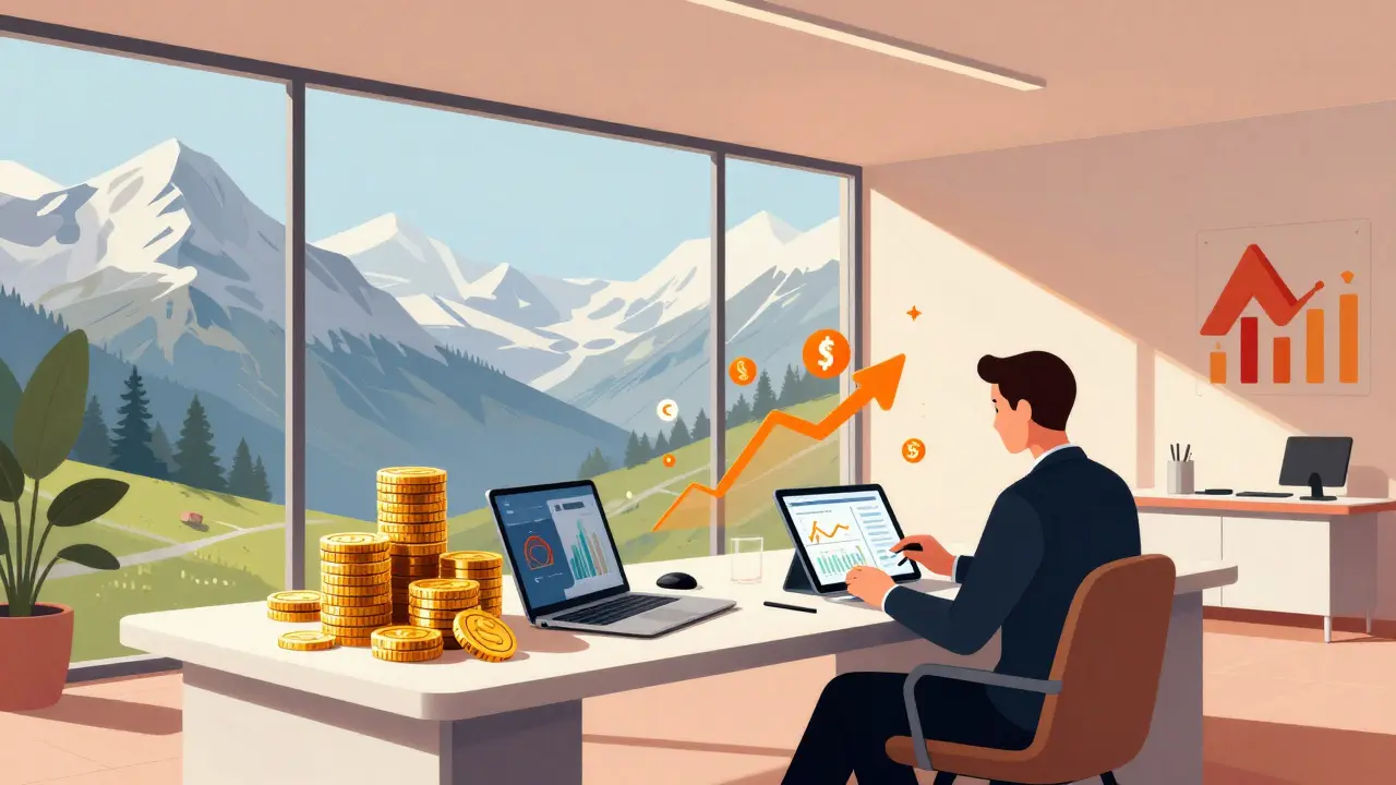Colorful illustration of exclusive office space in Zug, symbolizing high costs and institutional prestige