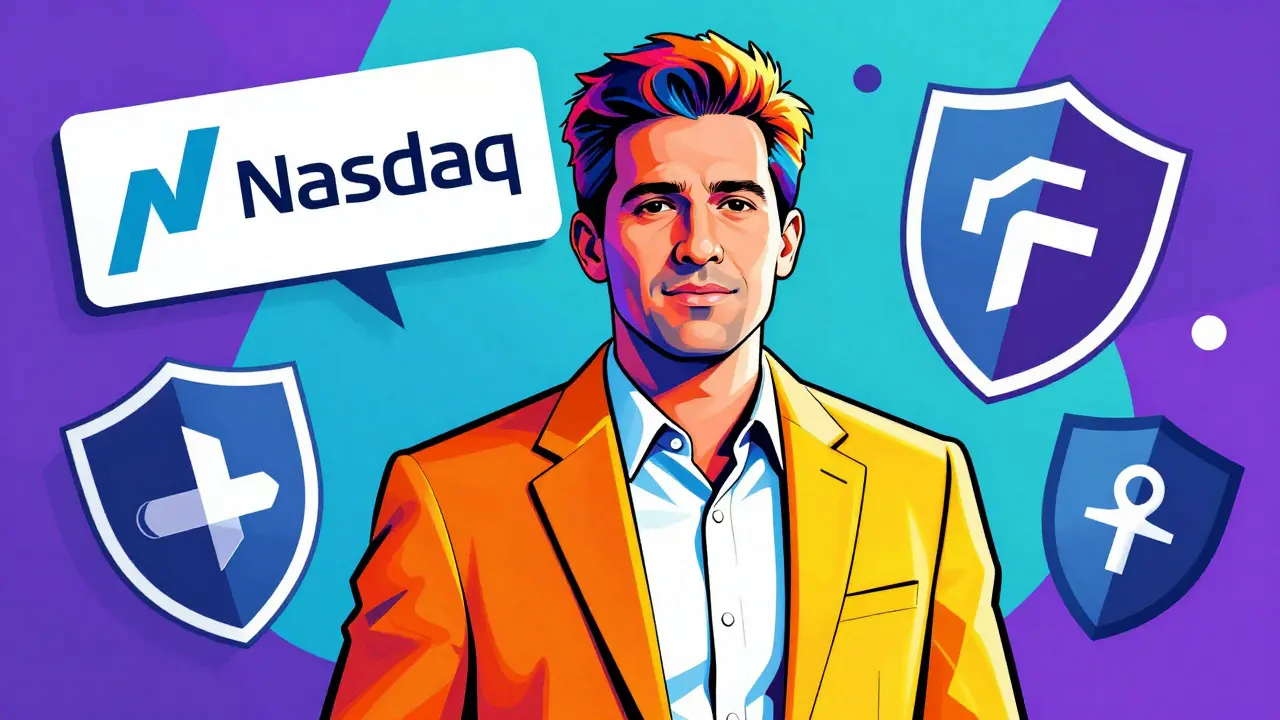 Colorful illustration of founder with Nasdaq and security icons