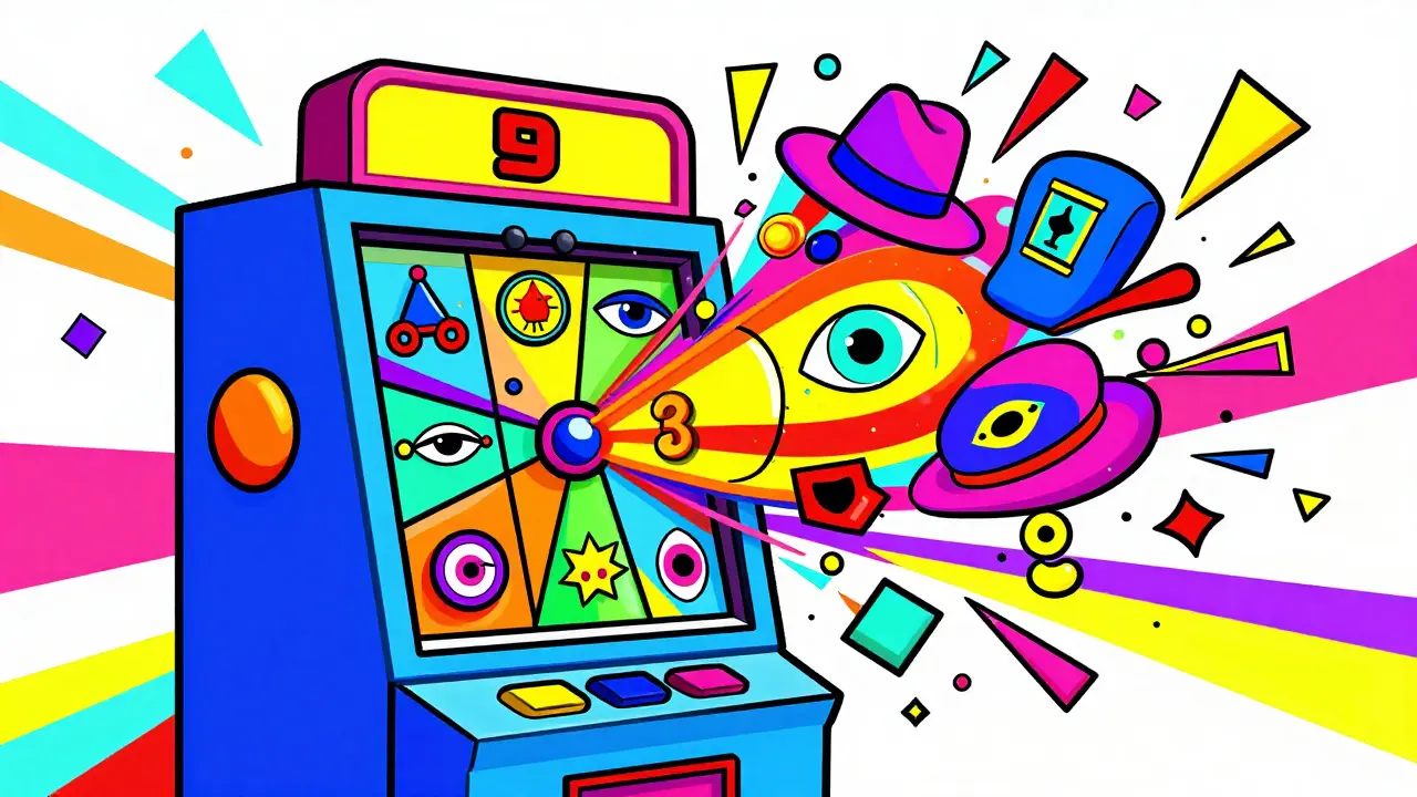 Colorful Peter Max illustration of a slot machine generating random NFT traits