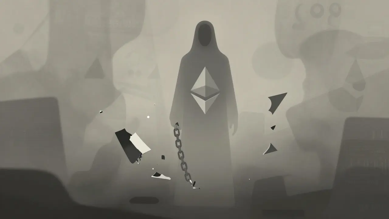 Faded, ghostly figure in a gray void representing a dormant, risky crypto asset.