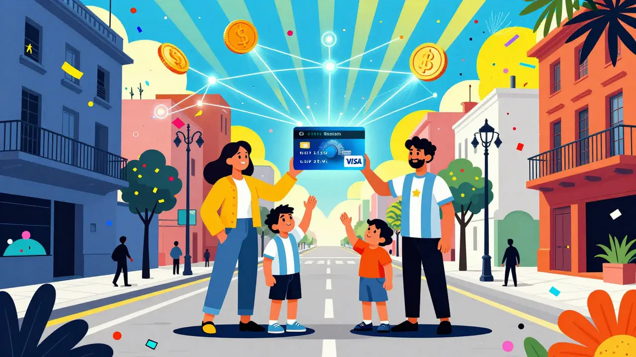 Family using crypto-linked card for payments in vibrant cartoon style