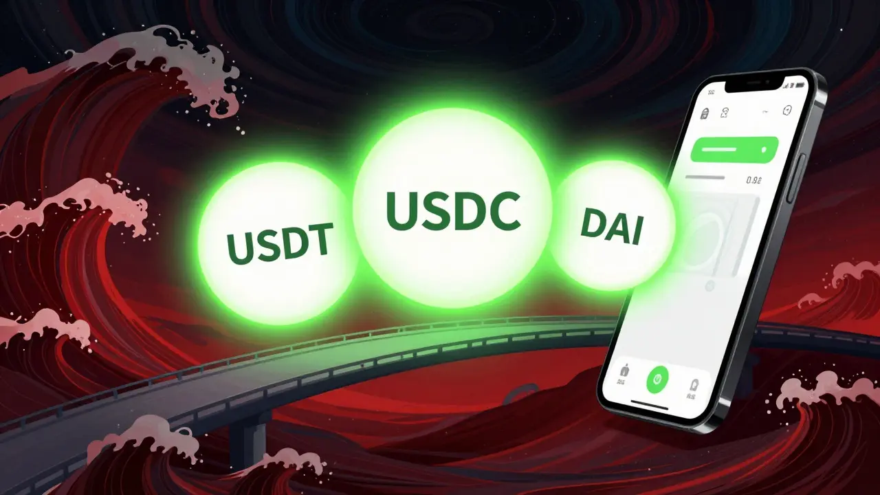 Glowing stablecoin orbs stabilizing volatile markets in psychedelic art
