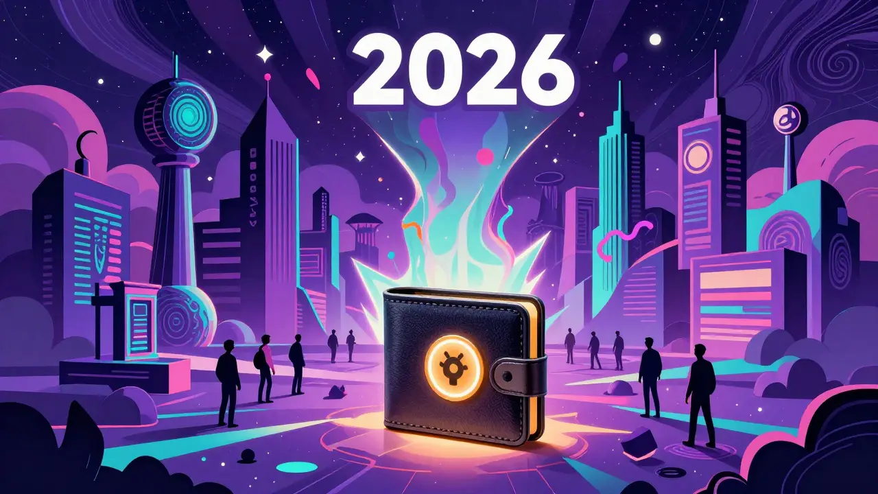 Hardware wallet glowing safely in a fragmented future landscape