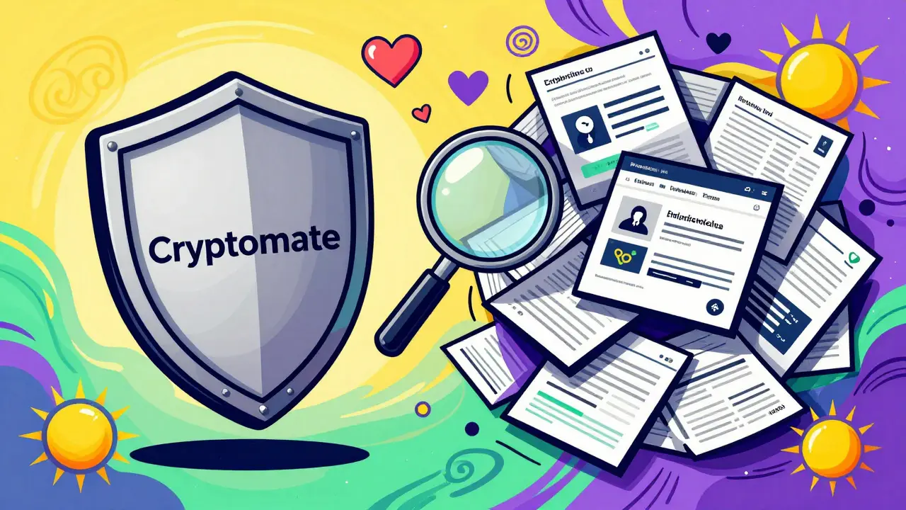 Illustration distinguishing crypto exchange from affiliate tool using shields and brochures in pop art