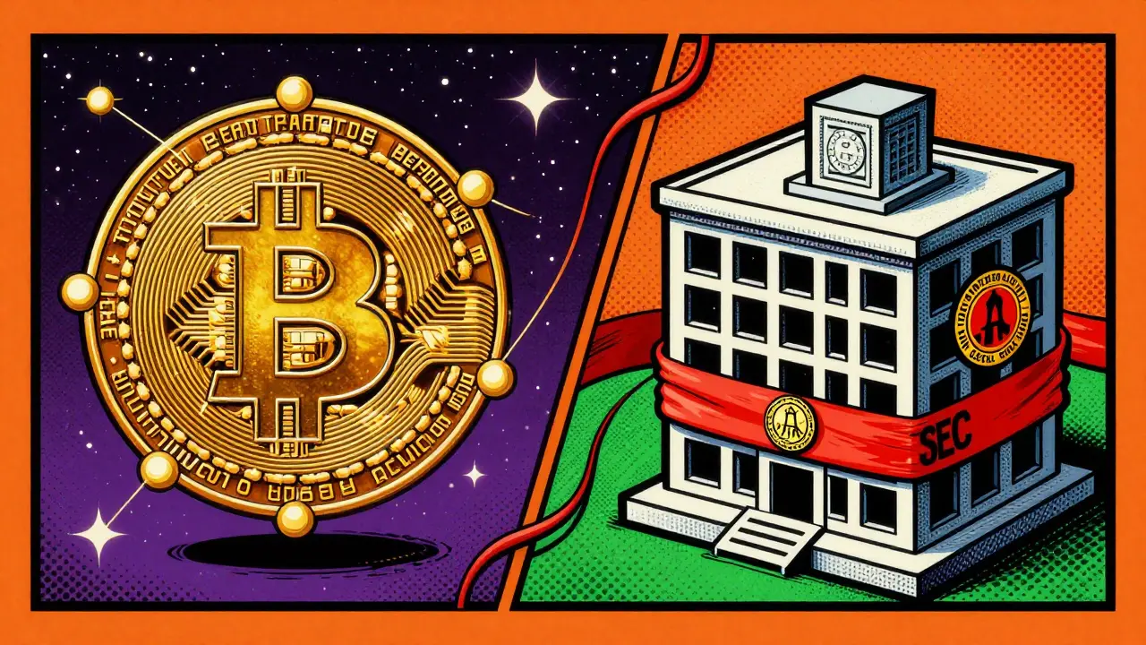Peter Max style contrast between decentralized Bitcoin nodes and structured SEC security buildings.