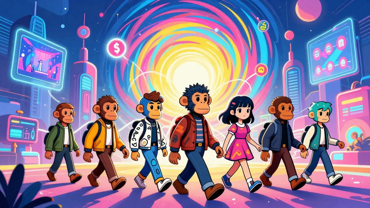 Peter Max style scene of NFT avatars exploring a vibrant, futuristic metaverse