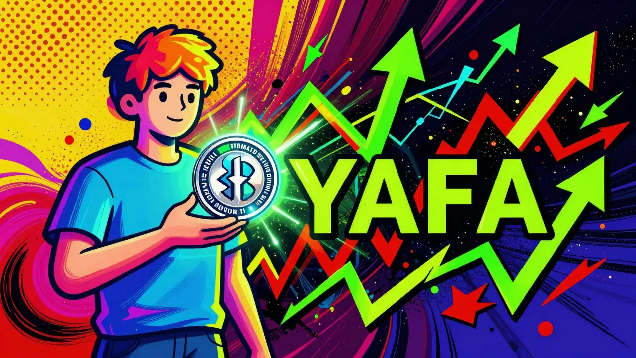 Peter Max style split image showing YAFA token mission vs market volatility.