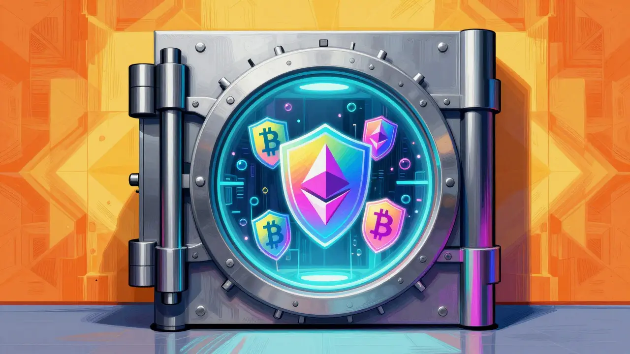 Peter Max style vault protecting crypto assets with colorful shields