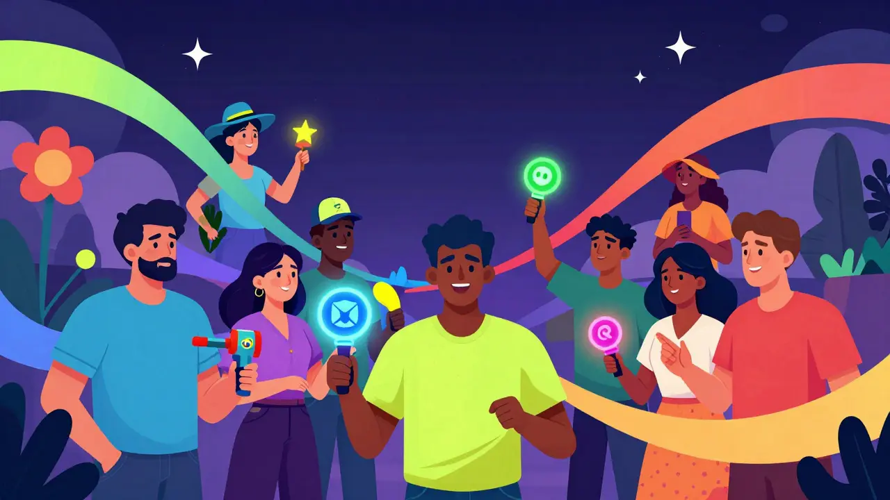 Players trading glowing NFT items in vibrant cartoon style