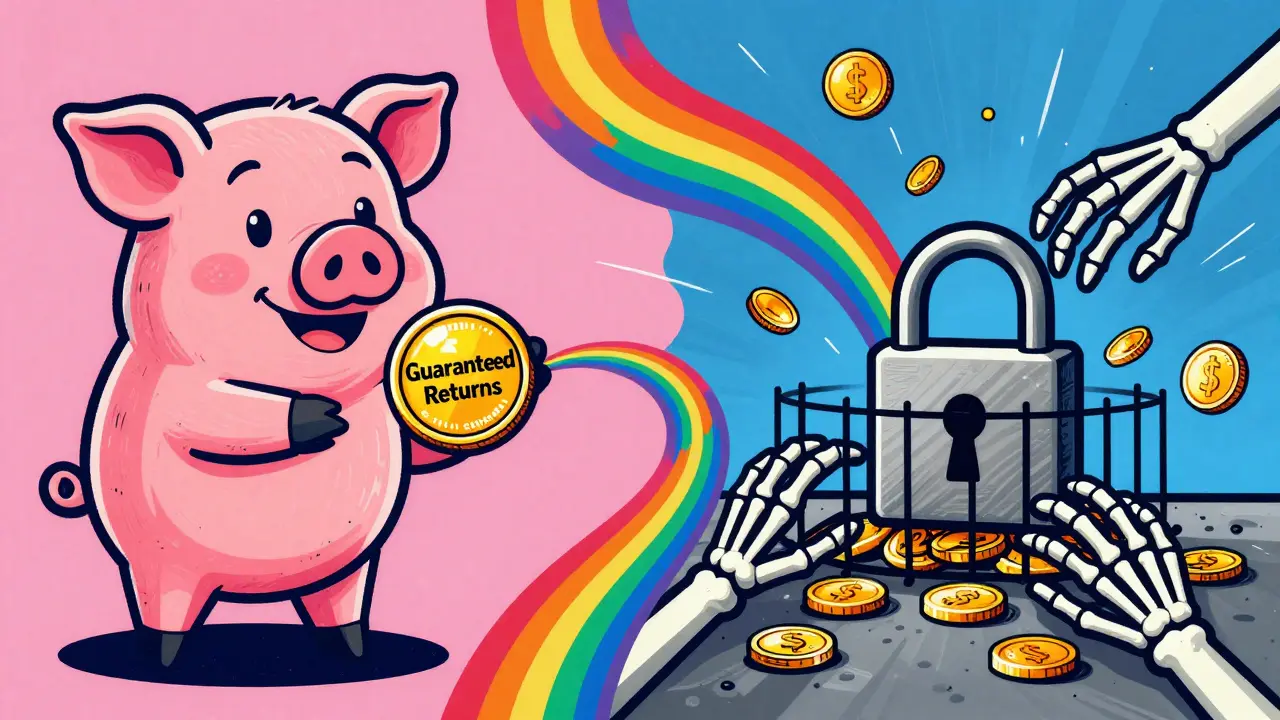 Psychedelic illustration of a crypto scam trapping funds with neon colors