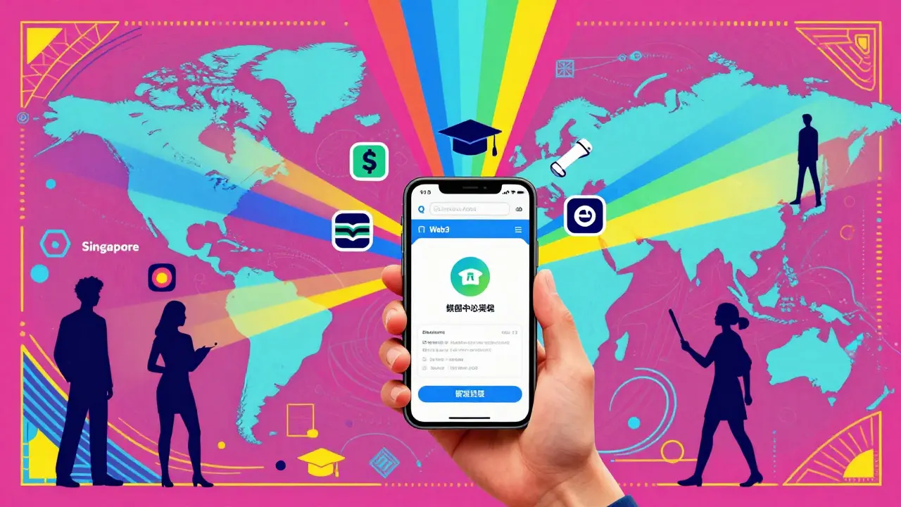 Psychedelic illustration of global student ownership of digital credentials