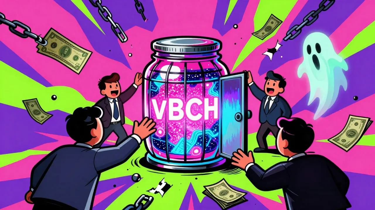 Psychedelic illustration showing investors trapped in a vBCH honeypot scam