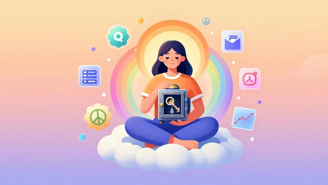 Serene character protecting their crypto keys with a rainbow aura, representing safe DeFi practices.