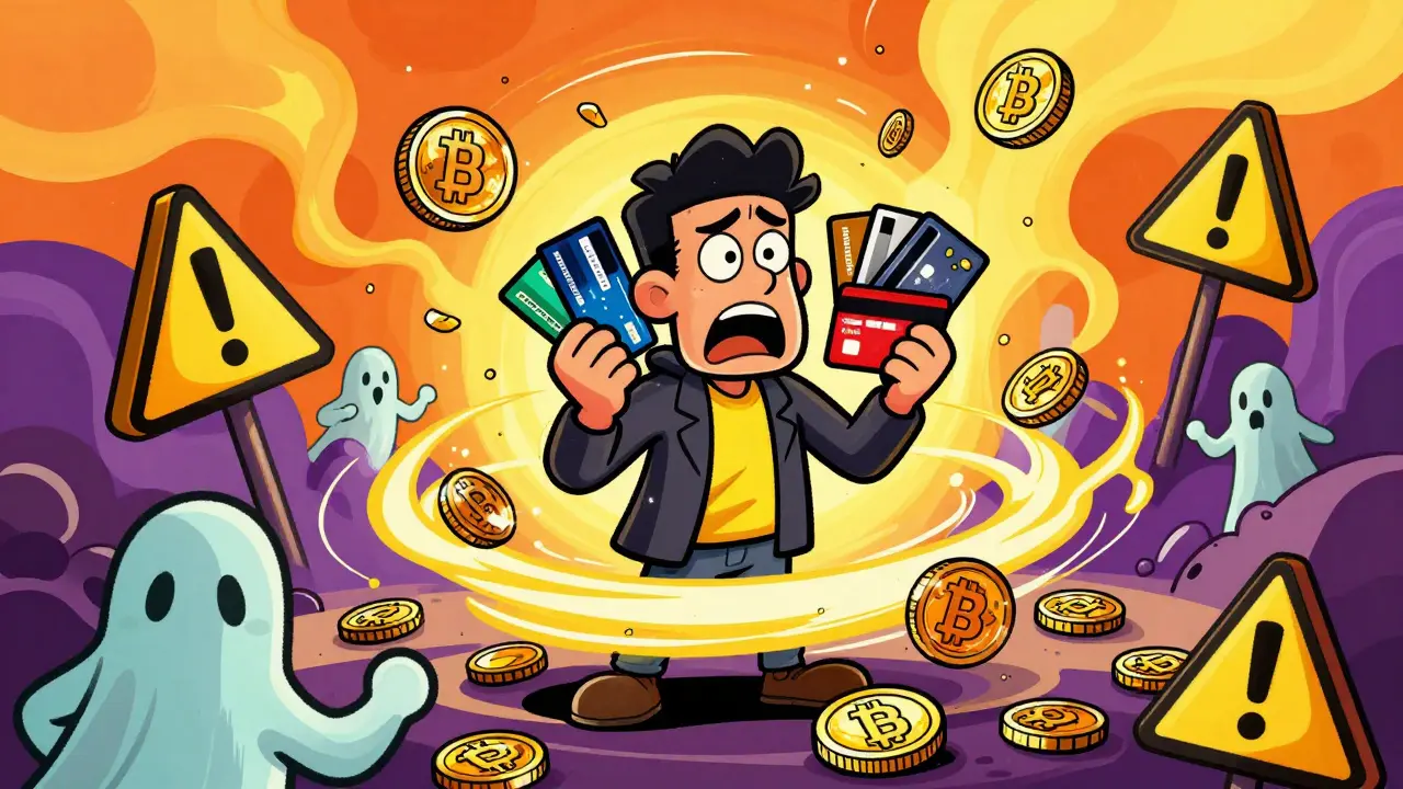 Stressed trader juggling cards amid swirling crypto risks