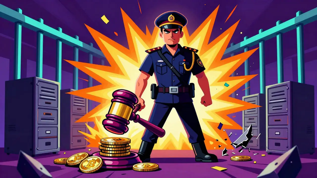 Stylized authority figure striking down crypto coins and servers