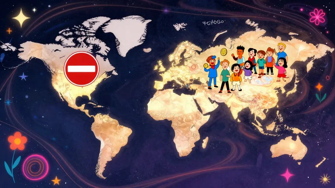 Stylized map showing US restricted from crypto platform while Europe glows in vibrant Peter Max art